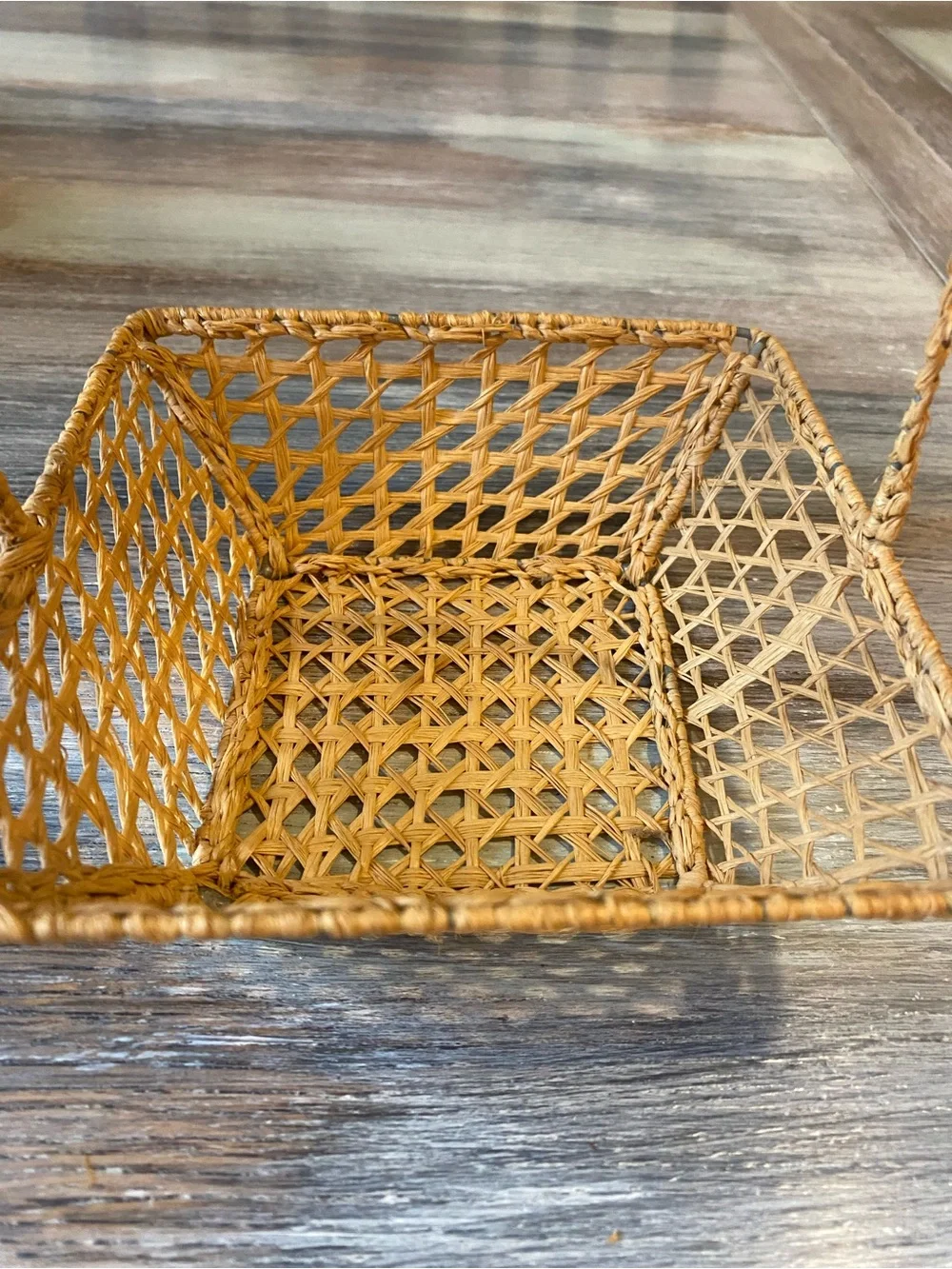 Handcrafted Square Basket Open Hexagonal Weave Handle Vintage Folk Art Primitive